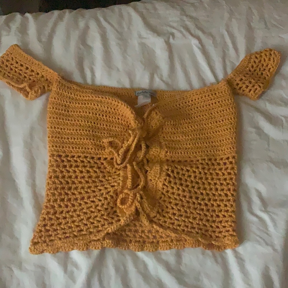 yellow crocheted off the shoulder top